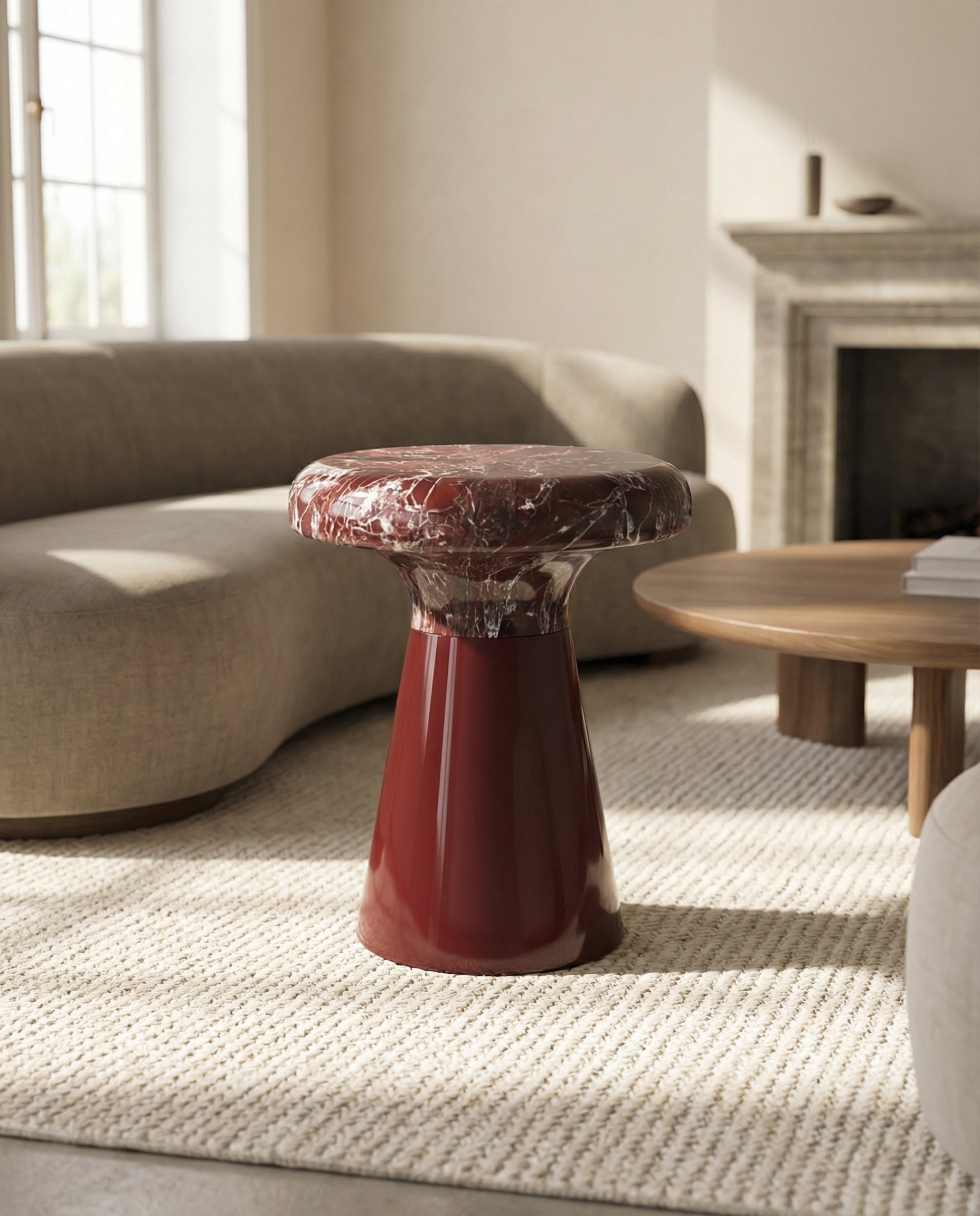 Terra Coffee Table — monolithic Travertino Romano slab on solid stone legs